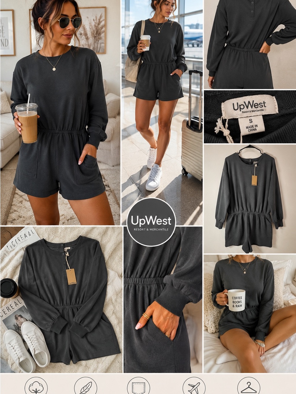 UpWest Romper Small Charcoal Black NWT Cotton Lounge Minimalist Jumpsui Pockets